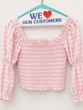 Pink Gingham Smocked off shoulder Top